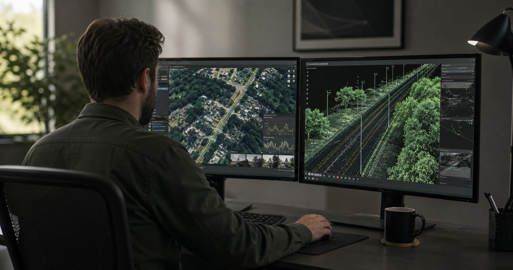 Geospatial analyst working with aerial imagery and road point-cloud data