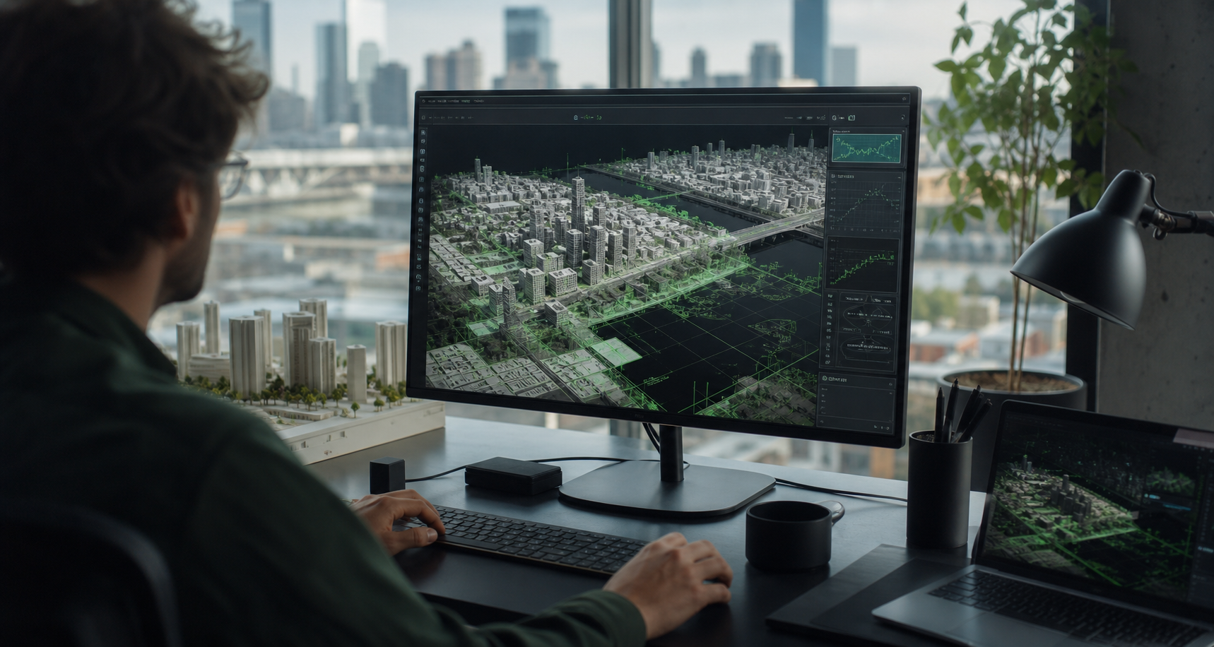 Engineer reviewing a detailed three-dimensional city digital twin at a workstation