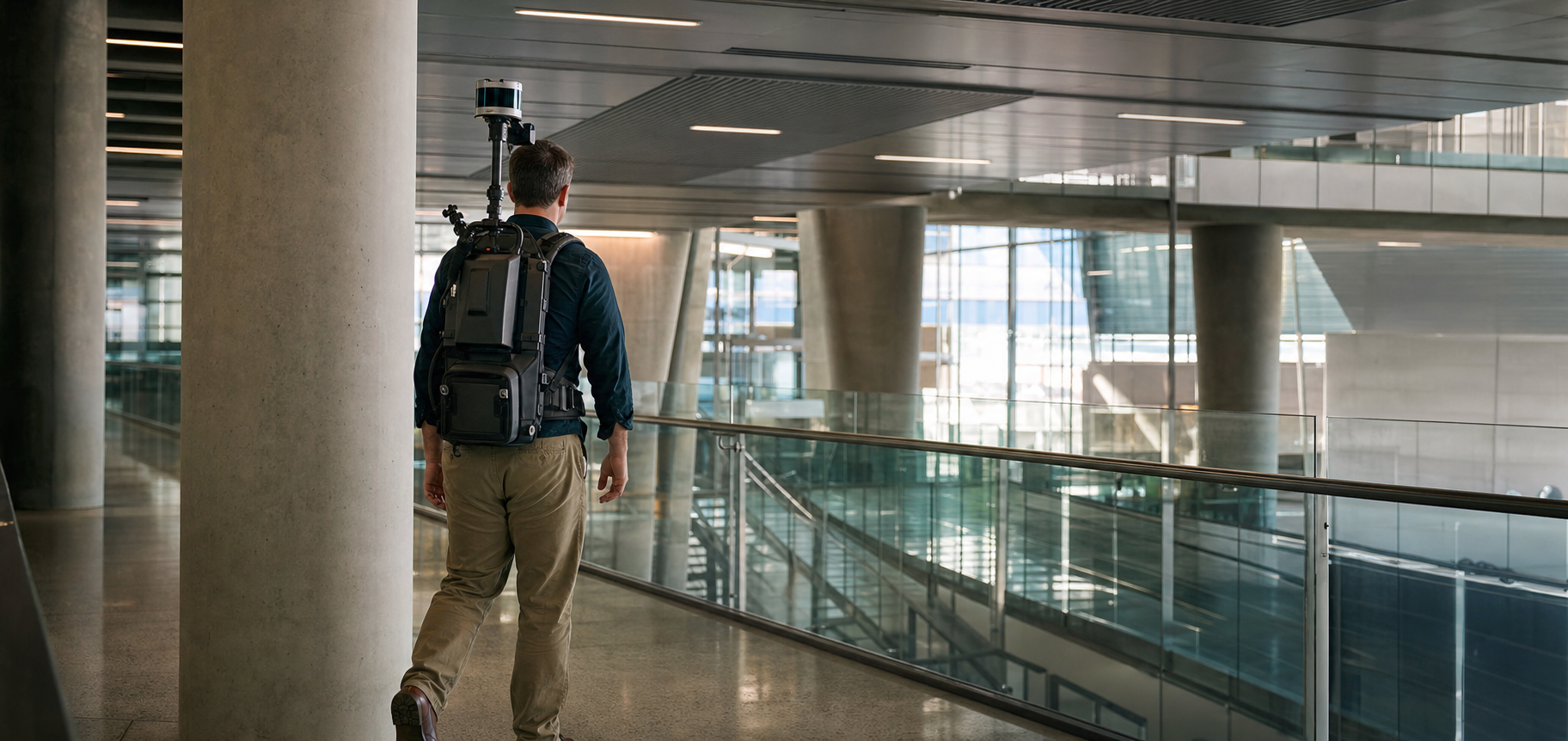 Indoor mapping specialist using a wearable SLAM scanner in a large modern building